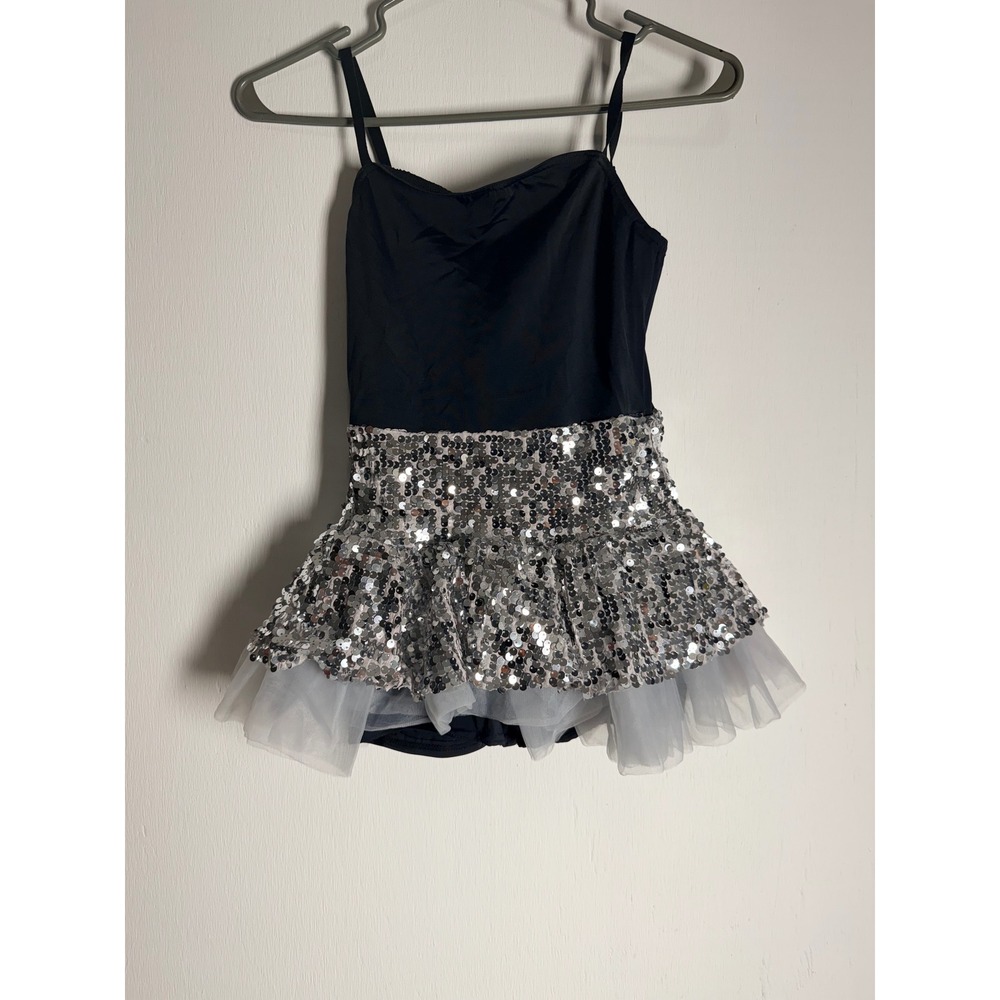 Weissman Kids Black Silver Sequin Tulle Dance Leotard Costume Size MC Recital